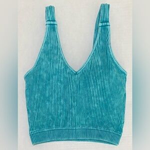 Zenana Womens S/M Solid Blue Ribbed Tank Sports Bra Sporty Loungewear Comfy